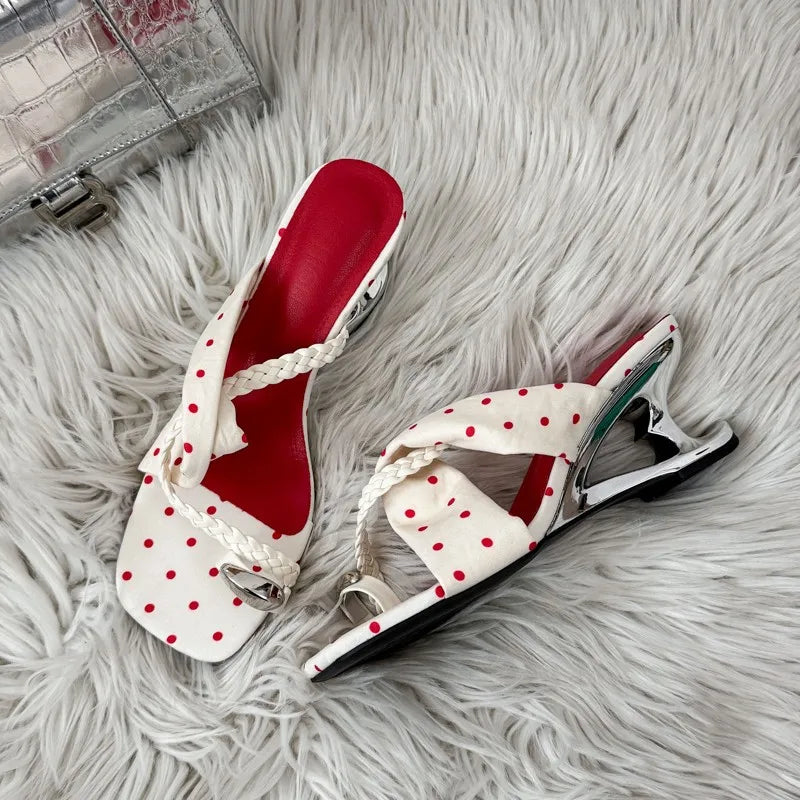 Braided Strap Women Slippers Metal Clip Toe Thick Heel