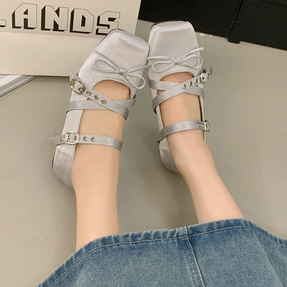 Butterfly-knot Flat Mary Jane Women Comfort Soft Sole Ladies Elegnat Square Toe Dress Ballets Shoes