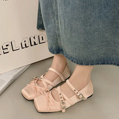 Butterfly-knot Flat Mary Jane Women Comfort Soft Sole Ladies Elegnat Square Toe Dress Ballets Shoes