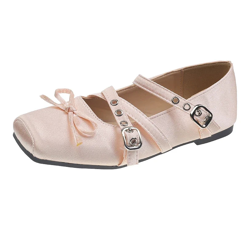 Butterfly-knot Flat Mary Jane Women Comfort Soft Sole Ladies Elegnat Square Toe Dress Ballets Shoes