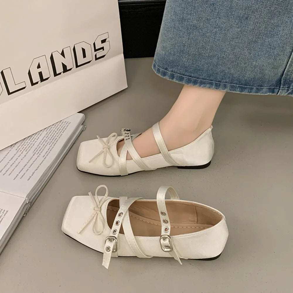 Butterfly-knot Flat Mary Jane Women Comfort Soft Sole Ladies Elegnat Square Toe Dress Ballets Shoes