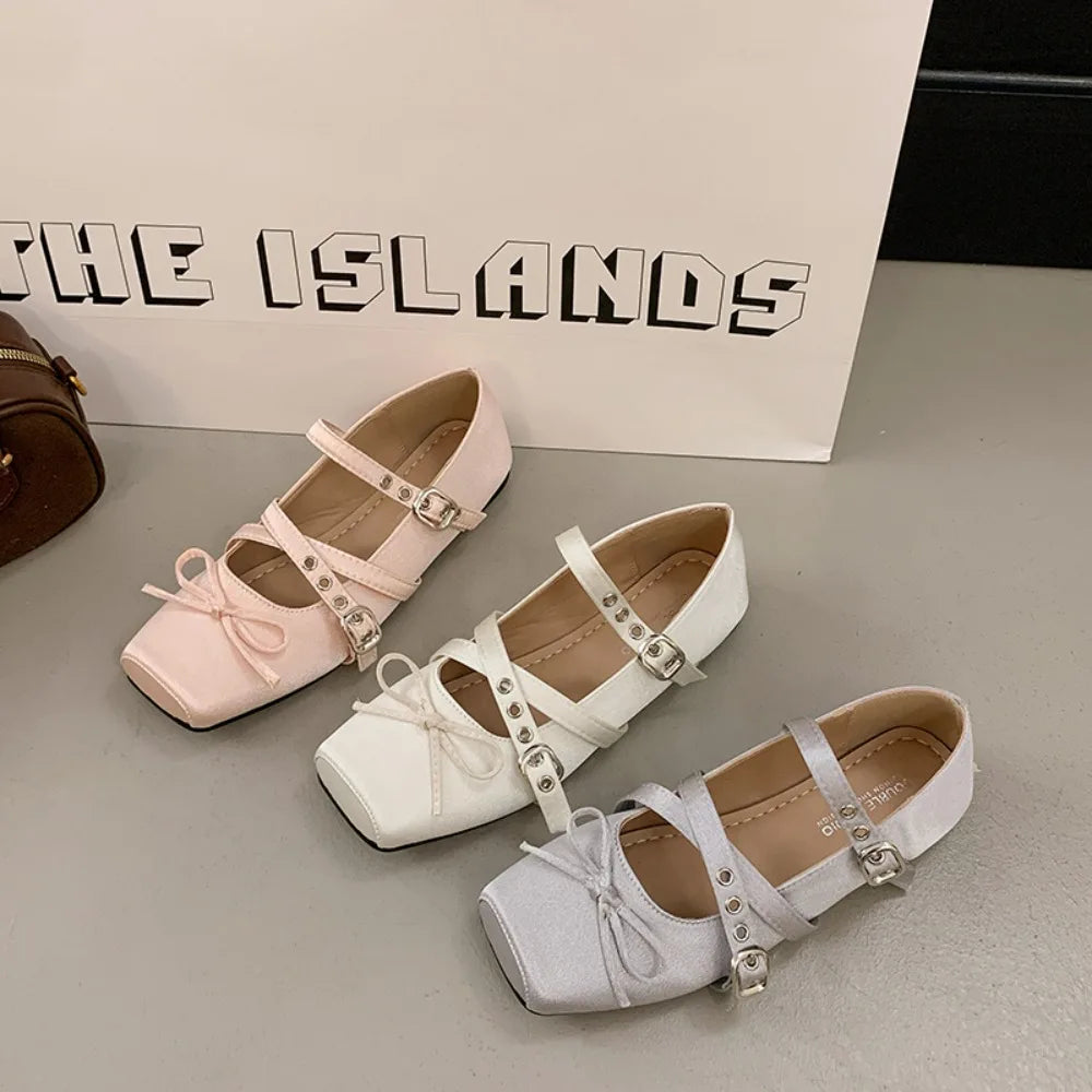 Butterfly-knot Flat Mary Jane Women Comfort Soft Sole Ladies Elegnat Square Toe Dress Ballets Shoes
