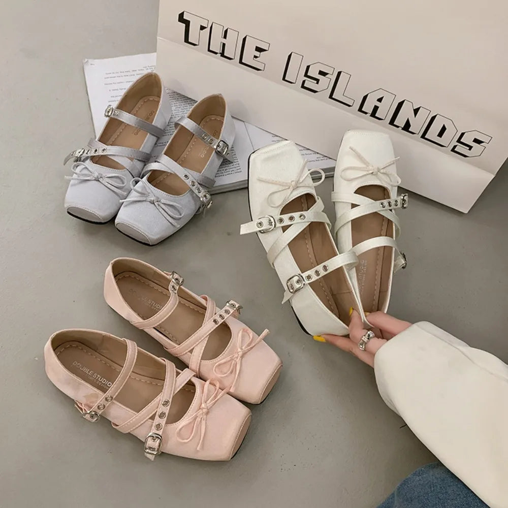Butterfly-knot Flat Mary Jane Women Comfort Soft Sole Ladies Elegnat Square Toe Dress Ballets Shoes