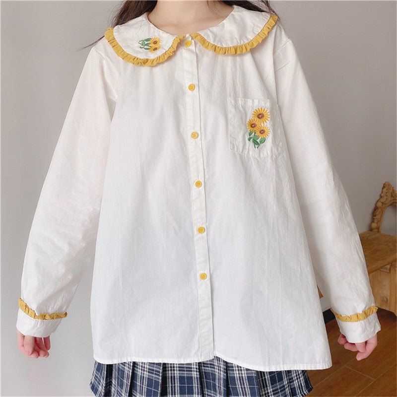 Sunflower Embroidered Mori Kawaii Girl Lolita Shirt