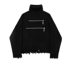 Turtle Neck Knitted Front Double Zipper Black Aesthetic Sweater