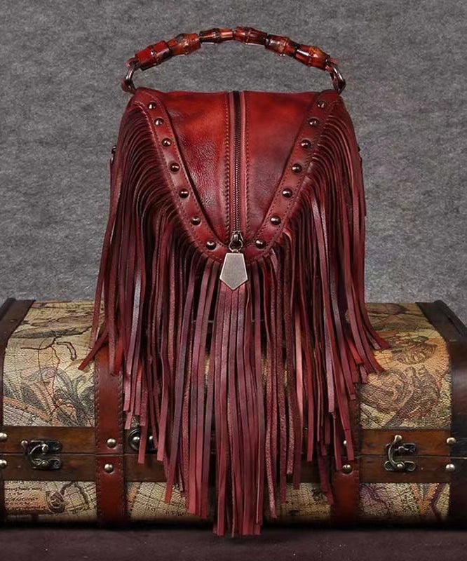 Vintage Red Tassel Rivet Calf Leather Satchel Bags