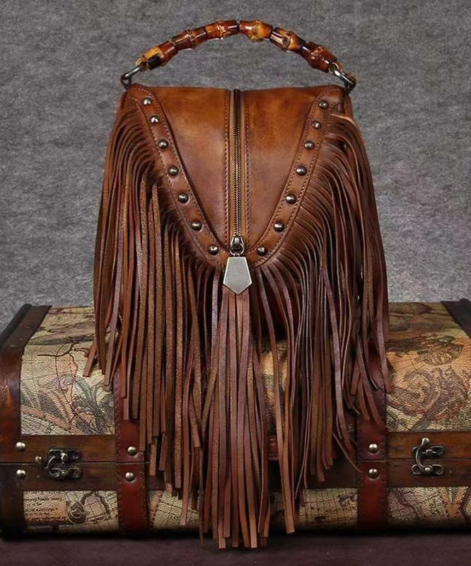 Vintage Red Tassel Rivet Calf Leather Satchel Bags