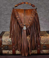 Vintage Red Tassel Rivet Calf Leather Satchel Bags