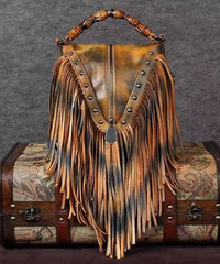 Vintage Red Tassel Rivet Calf Leather Satchel Bags