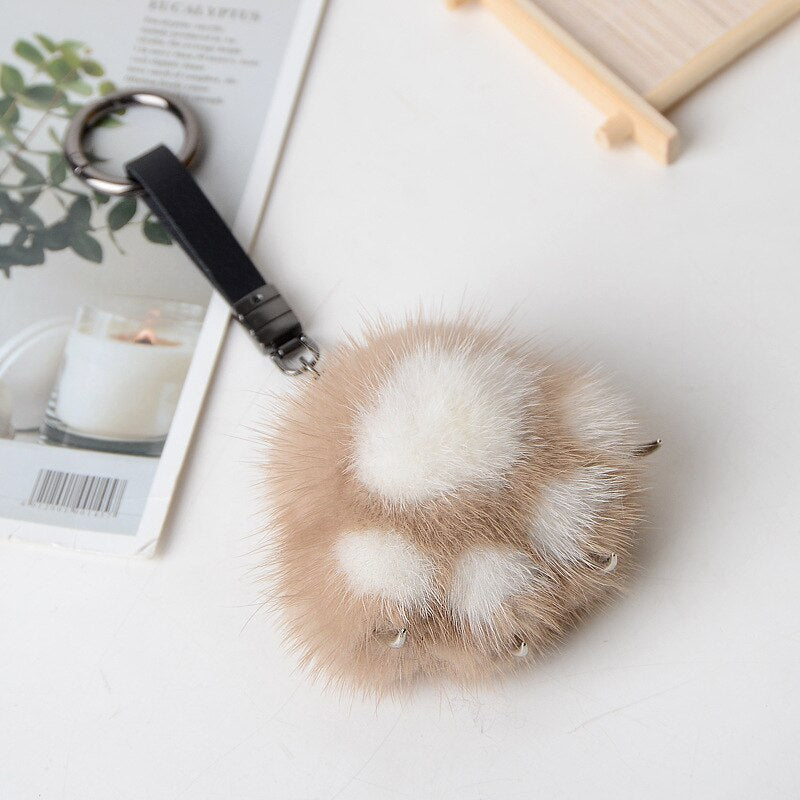 Women Creative Real Mink Fur Cat Paw Keychain Cute Bag Charm Ornaments Soft Pompom Plush Cute Bear Claw Key Ring Car Key Pendant