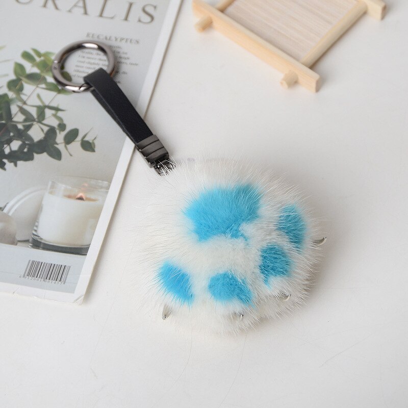 Women Creative Real Mink Fur Cat Paw Keychain Cute Bag Charm Ornaments Soft Pompom Plush Cute Bear Claw Key Ring Car Key Pendant