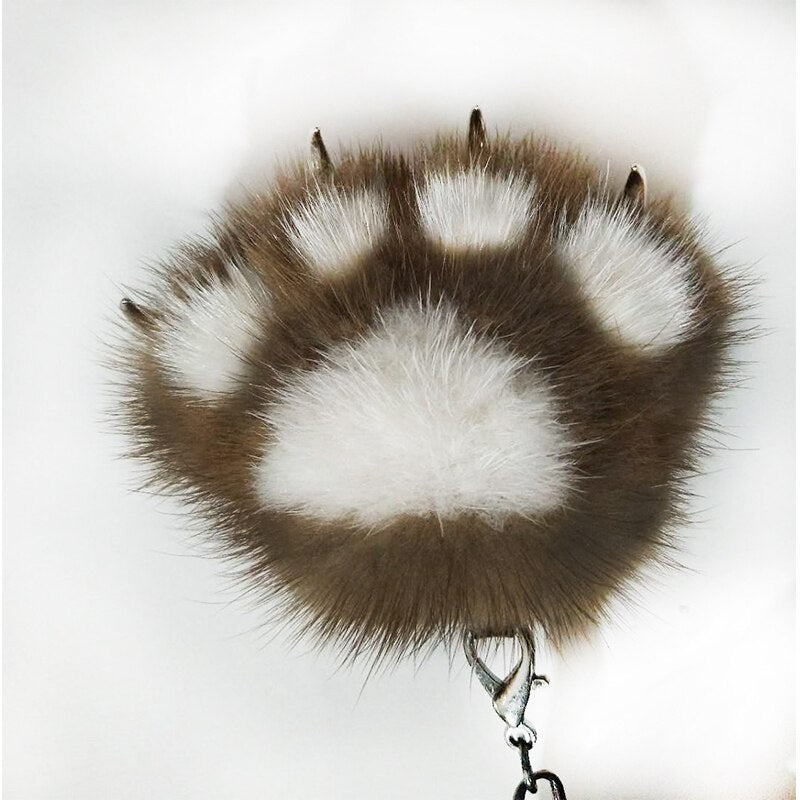 Women Creative Real Mink Fur Cat Paw Keychain Cute Bag Charm Ornaments Soft Pompom Plush Cute Bear Claw Key Ring Car Key Pendant