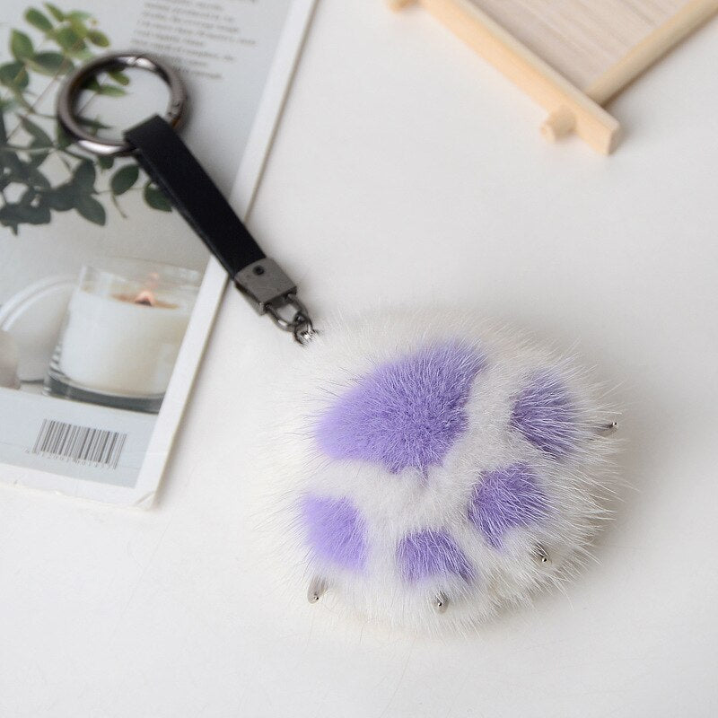 Women Creative Real Mink Fur Cat Paw Keychain Cute Bag Charm Ornaments Soft Pompom Plush Cute Bear Claw Key Ring Car Key Pendant