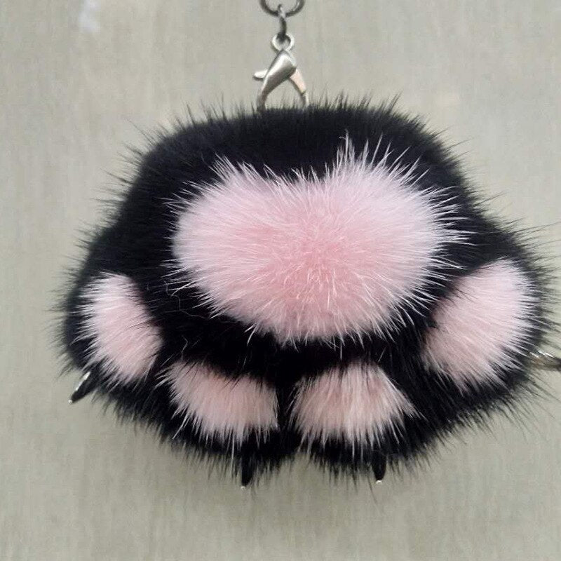 Women Creative Real Mink Fur Cat Paw Keychain Cute Bag Charm Ornaments Soft Pompom Plush Cute Bear Claw Key Ring Car Key Pendant