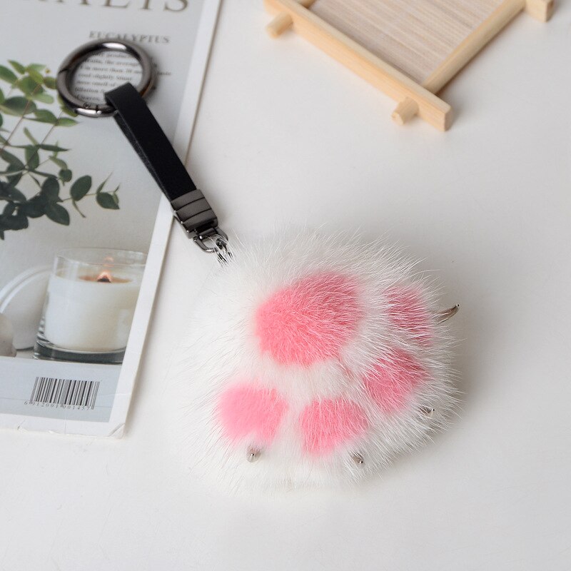 Women Creative Real Mink Fur Cat Paw Keychain Cute Bag Charm Ornaments Soft Pompom Plush Cute Bear Claw Key Ring Car Key Pendant