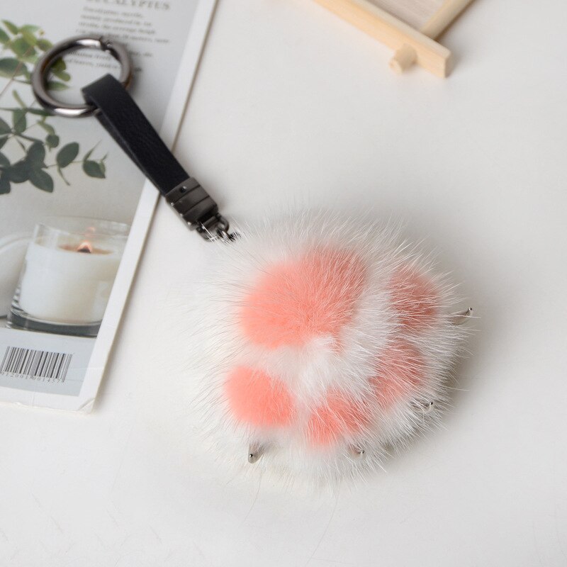 Women Creative Real Mink Fur Cat Paw Keychain Cute Bag Charm Ornaments Soft Pompom Plush Cute Bear Claw Key Ring Car Key Pendant