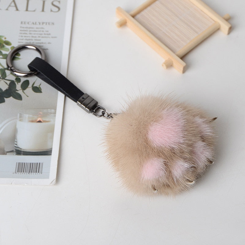 Women Creative Real Mink Fur Cat Paw Keychain Cute Bag Charm Ornaments Soft Pompom Plush Cute Bear Claw Key Ring Car Key Pendant