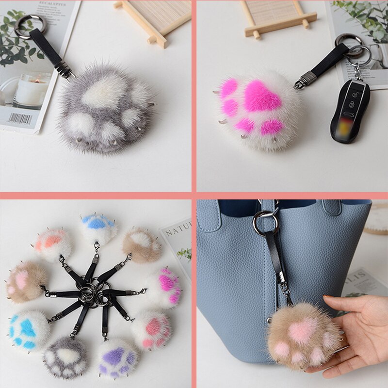 Women Creative Real Mink Fur Cat Paw Keychain Cute Bag Charm Ornaments Soft Pompom Plush Cute Bear Claw Key Ring Car Key Pendant