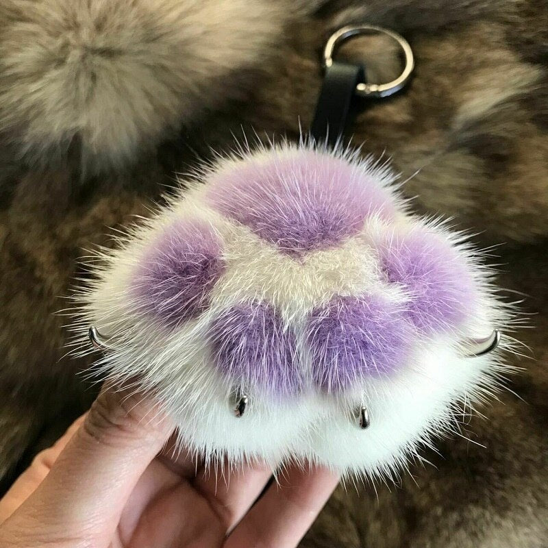 Women Creative Real Mink Fur Cat Paw Keychain Cute Bag Charm Ornaments Soft Pompom Plush Cute Bear Claw Key Ring Car Key Pendant