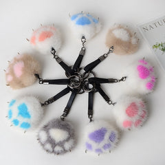 Women Creative Real Mink Fur Cat Paw Keychain Cute Bag Charm Ornaments Soft Pompom Plush Cute Bear Claw Key Ring Car Key Pendant