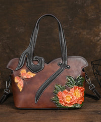 Leather Handbag Retro Women Calf Coffee Tote Embossed