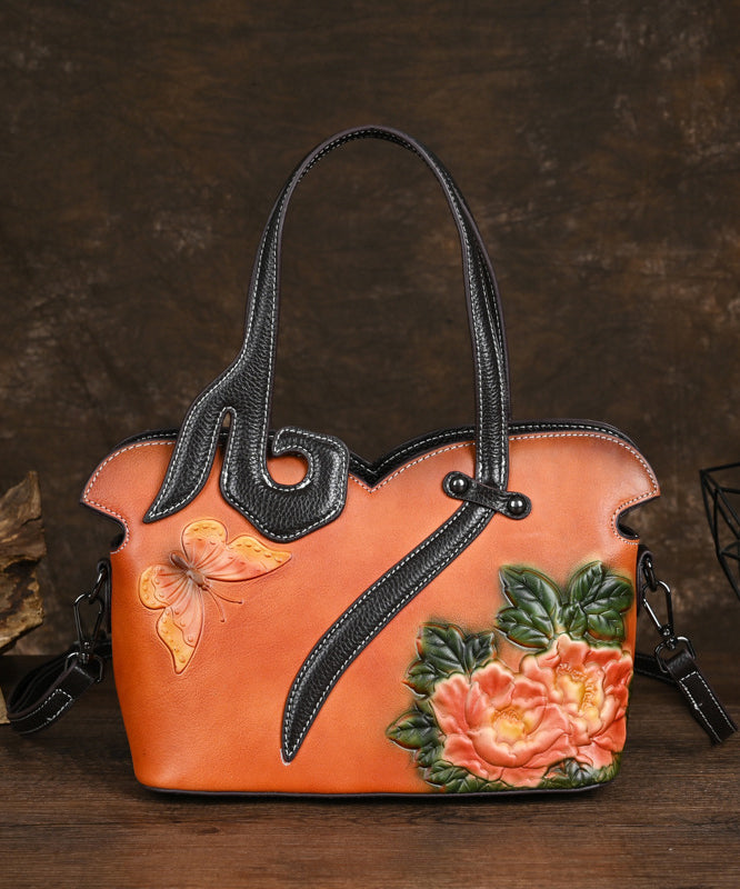 Leather Handbag Retro Women Calf Coffee Tote Embossed