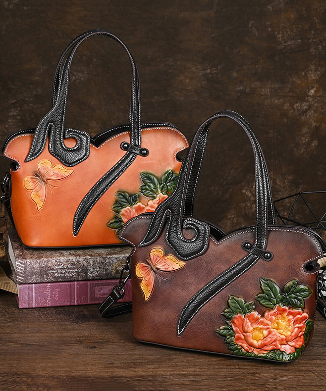 Leather Handbag Retro Women Calf Coffee Tote Embossed