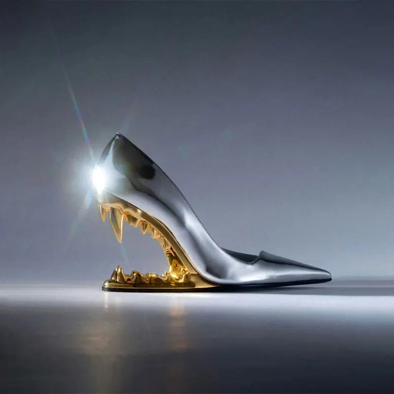 Pointed Shallow Mouth Metal Fabric Tiger Teeth Slope Heel