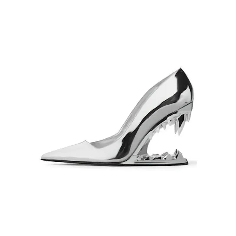 Pointed Shallow Mouth Metal Fabric Tiger Teeth Slope Heel