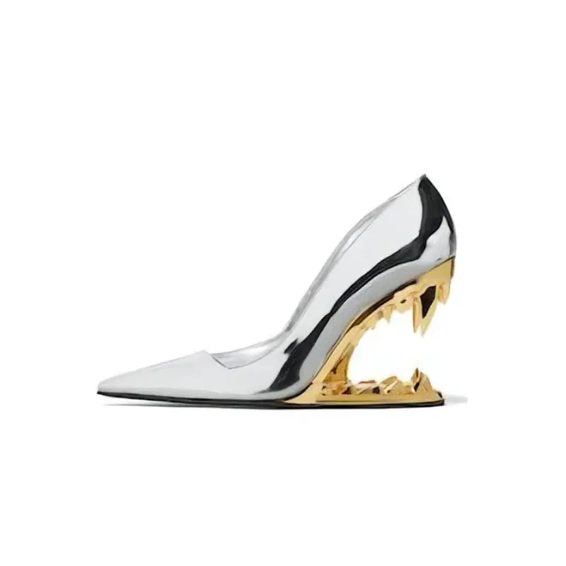 Pointed Shallow Mouth Metal Fabric Tiger Teeth Slope Heel