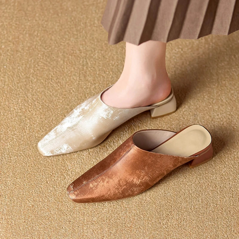 and Square Head Leather Retro Cow Leather Large Size Simple and Comfortable Baotou Muller Slippers