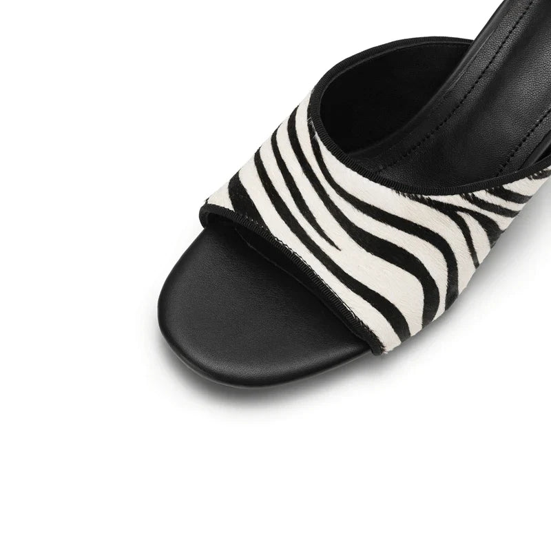 leather horsehair zebra print open toe high Heels