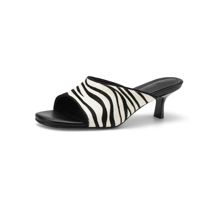 leather horsehair zebra print open toe high Heels