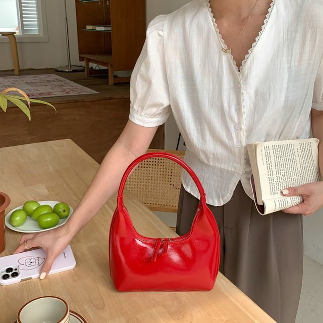 Leather Shoulder Bag Plain Zip Faux