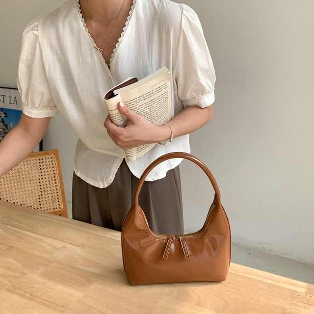 Leather Shoulder Bag Plain Zip Faux