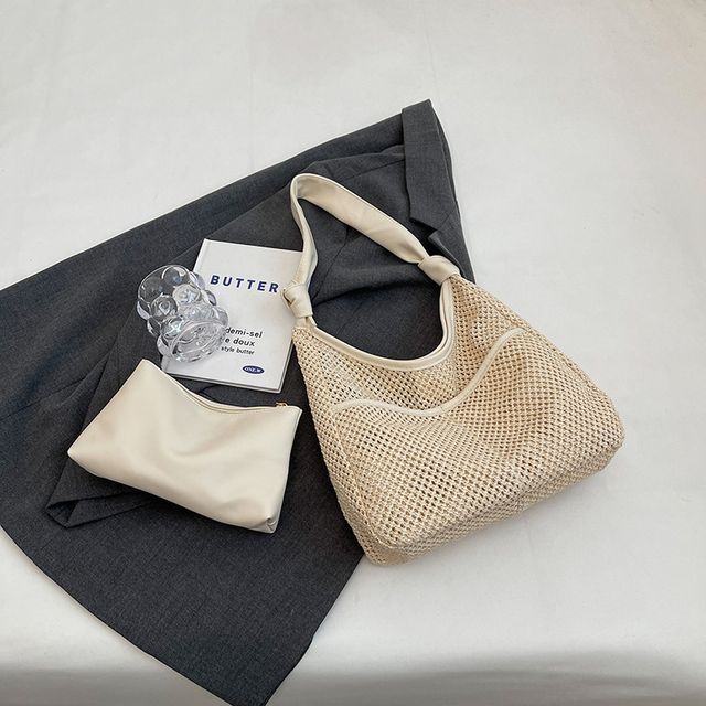 Straw Tote Bag + Faux Leather Pouch