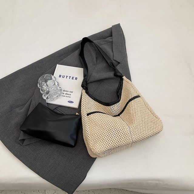 Straw Tote Bag + Faux Leather Pouch
