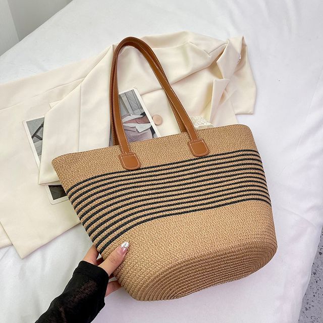 Striped Straw Tote Bag + Lace Strap