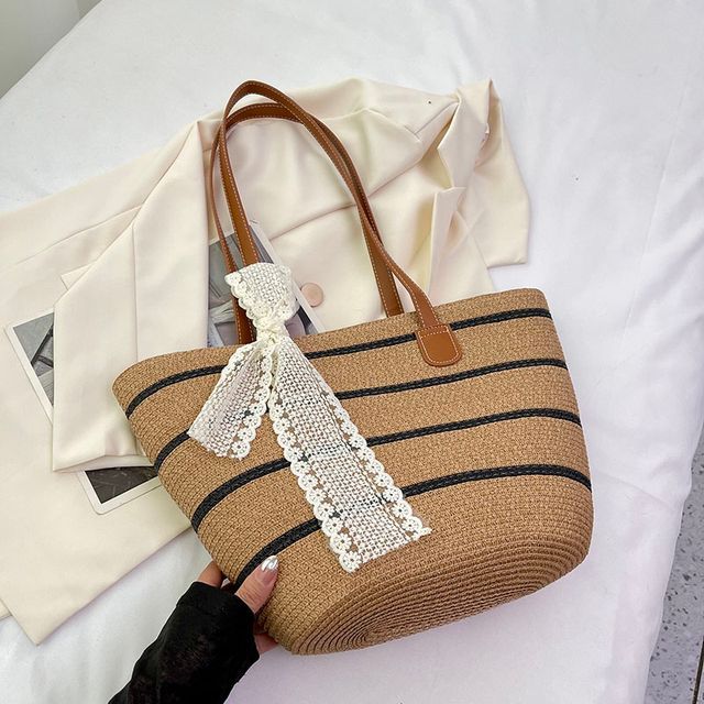Striped Straw Tote Bag + Lace Strap