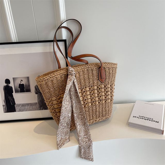 Straw Tote Bag + Paisley Print Neckerchief