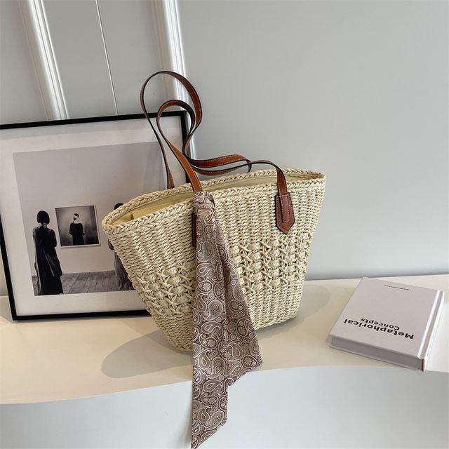 Straw Tote Bag + Paisley Print Neckerchief