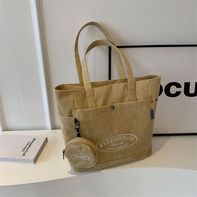Lettering Corduroy Tote Bag + Coin Purse