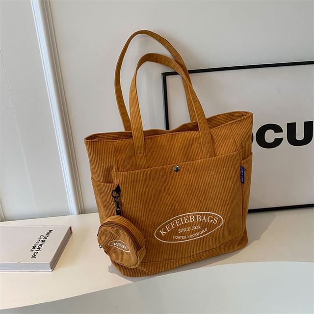 Lettering Corduroy Tote Bag + Coin Purse