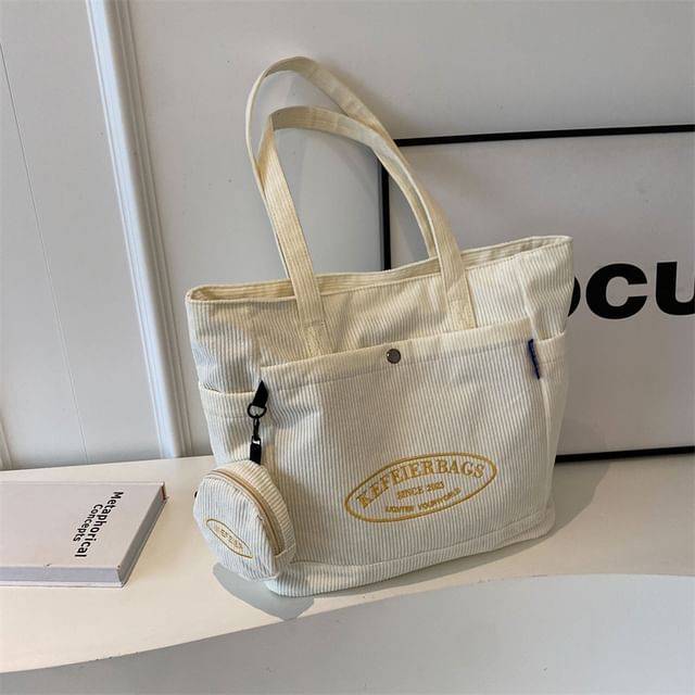Lettering Corduroy Tote Bag + Coin Purse