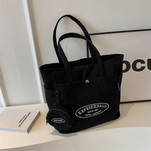 Lettering Corduroy Tote Bag + Coin Purse