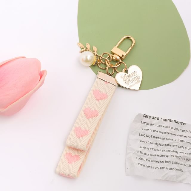 Heart Strap Faux Pearl Bag Charm Keyring