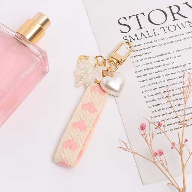 Heart Strap Faux Pearl Bag Charm Keyring