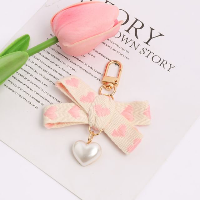 Heart Strap Faux Pearl Bag Charm Keyring