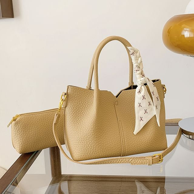 Top Handle Plain Faux Leather Crossbody Bag + Scarf