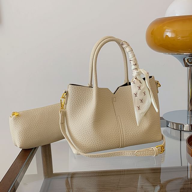 Top Handle Plain Faux Leather Crossbody Bag + Scarf